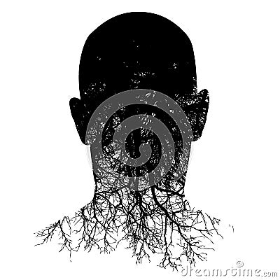 This silouette of a manâ€™s head morphs into roots Vector Illustration